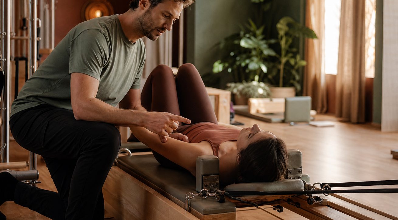 Instrutora corrigindo a postura de uma aluna durante atendimento individualizado
