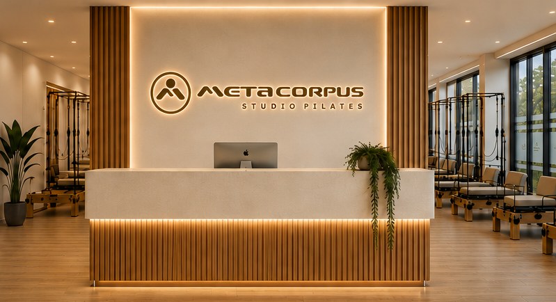 Recepção de uma unidade Metacorpus, com o letreiro retroiluminado no balcão